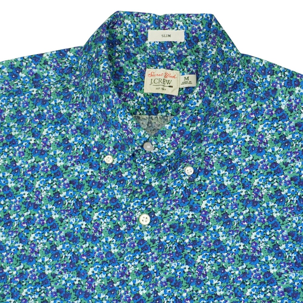 J.Crew Secret Wash Shirt Mens M Blue Green Floral Slim Fit Short Sleeve Cotton